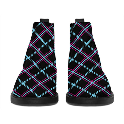 Black Blue And Pink Tartan Pattern Print Flat Ankle Boots