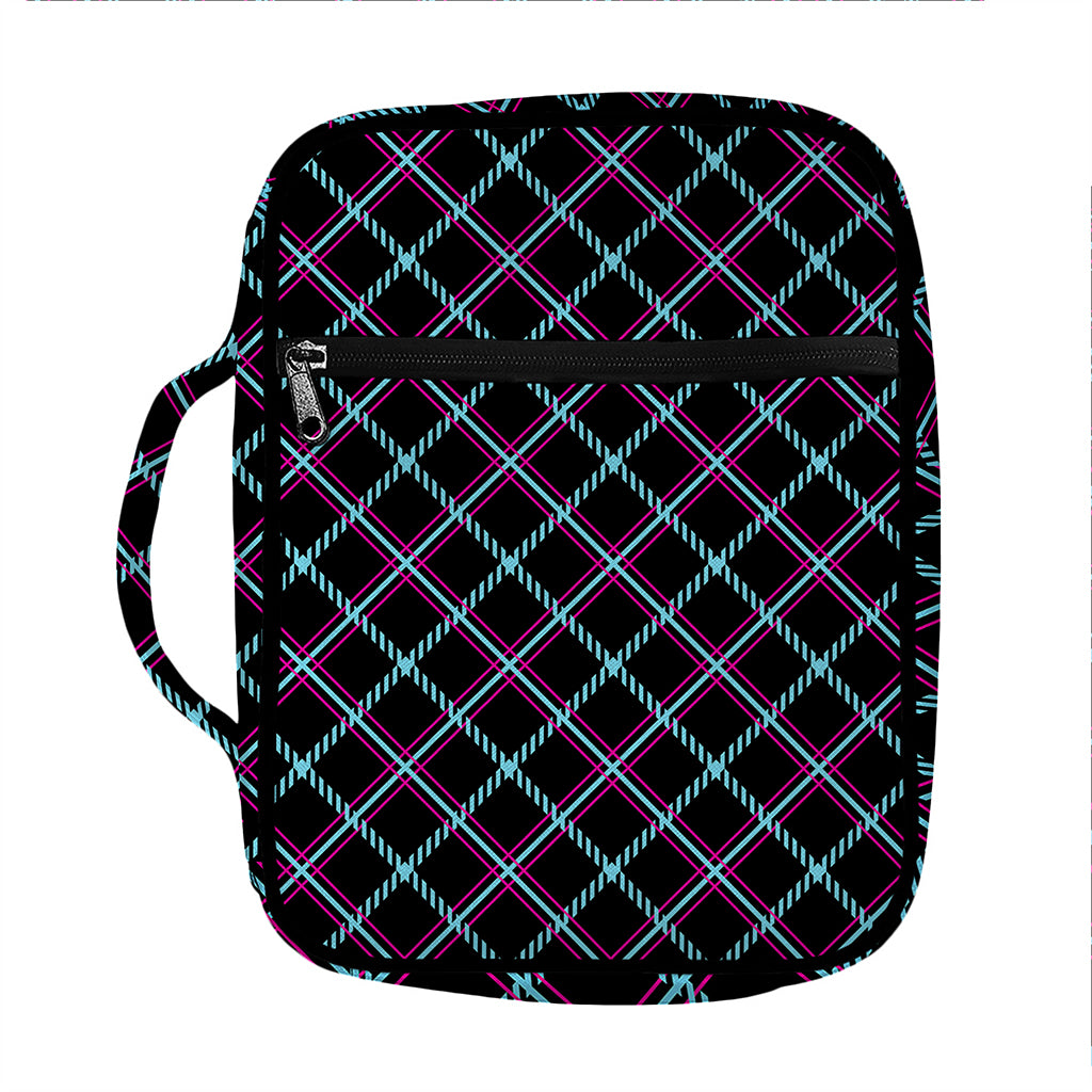 Black Blue And Pink Tartan Pattern Print Front Pocket Bible Bag