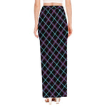 Black Blue And Pink Tartan Pattern Print High Slit Maxi Skirt