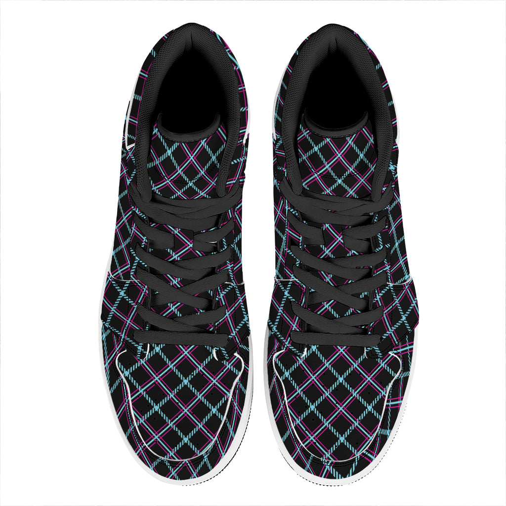 Black Blue And Pink Tartan Pattern Print High Top Leather Sneakers