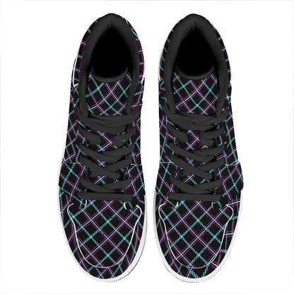 Black Blue And Pink Tartan Pattern Print High Top Leather Sneakers