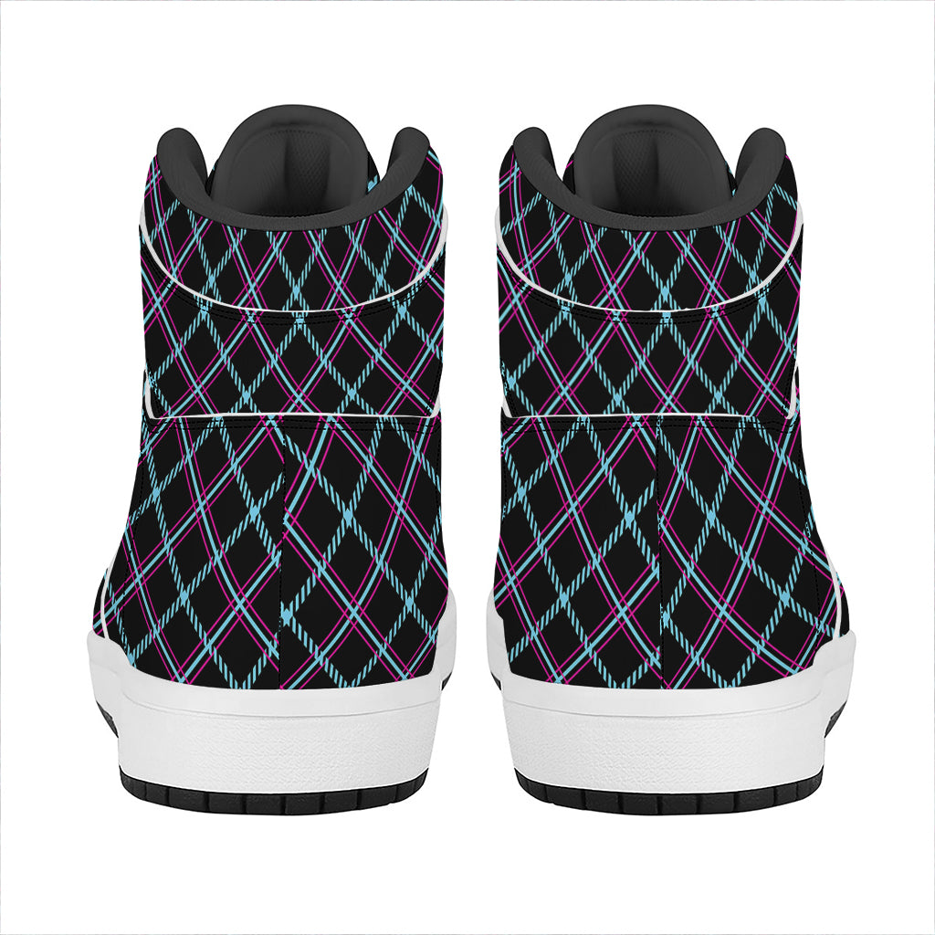 Black Blue And Pink Tartan Pattern Print High Top Leather Sneakers