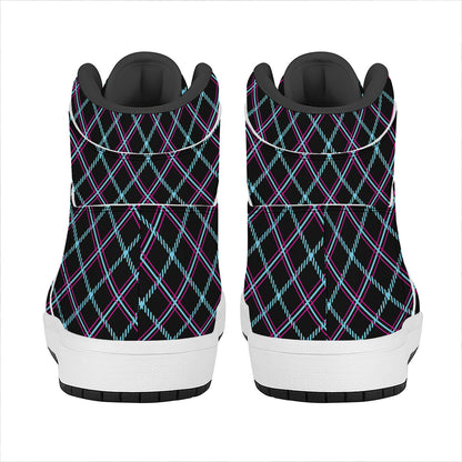 Black Blue And Pink Tartan Pattern Print High Top Leather Sneakers