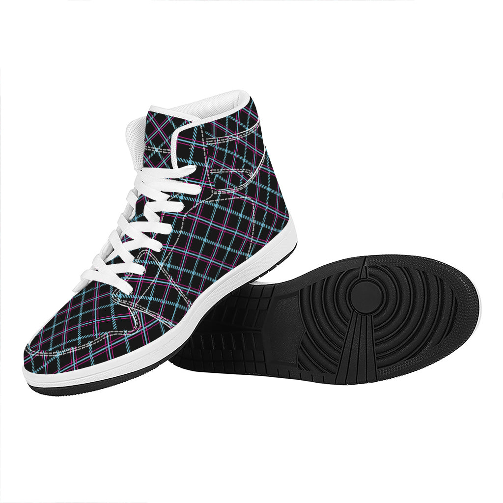 Black Blue And Pink Tartan Pattern Print High Top Leather Sneakers