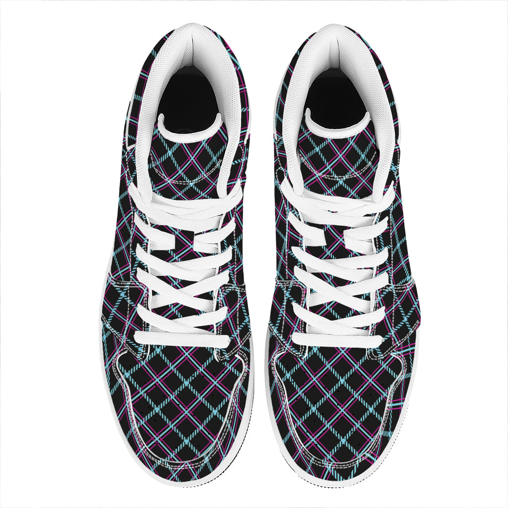 Black Blue And Pink Tartan Pattern Print High Top Leather Sneakers