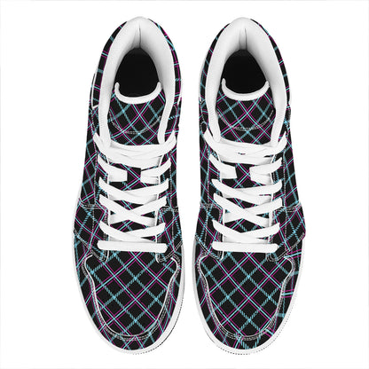 Black Blue And Pink Tartan Pattern Print High Top Leather Sneakers