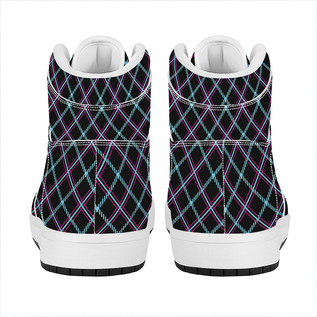 Black Blue And Pink Tartan Pattern Print High Top Leather Sneakers