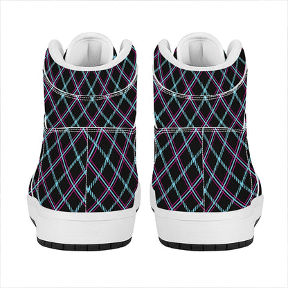 Black Blue And Pink Tartan Pattern Print High Top Leather Sneakers