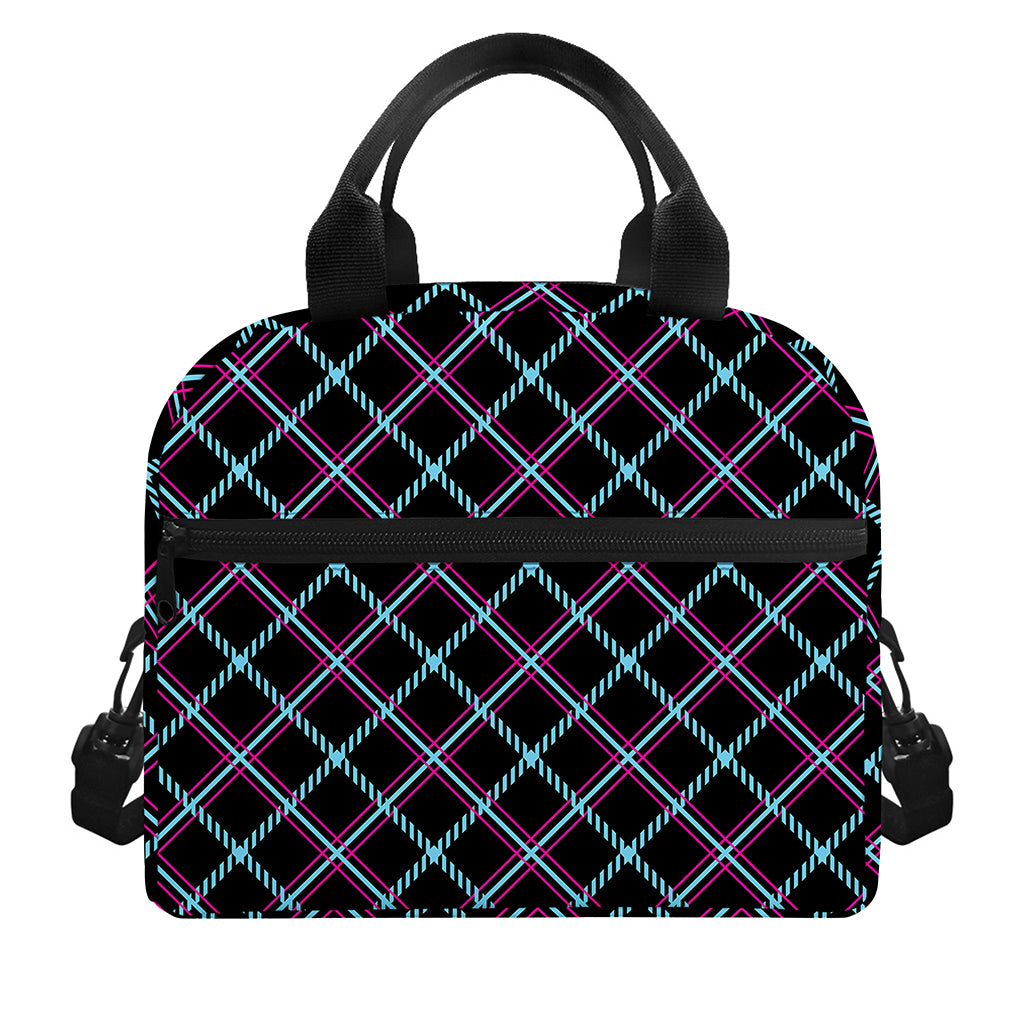 Black Blue And Pink Tartan Pattern Print Insulated Lunch Bag