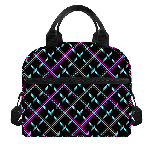 Black Blue And Pink Tartan Pattern Print Insulated Lunch Bag