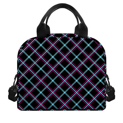 Black Blue And Pink Tartan Pattern Print Insulated Lunch Bag