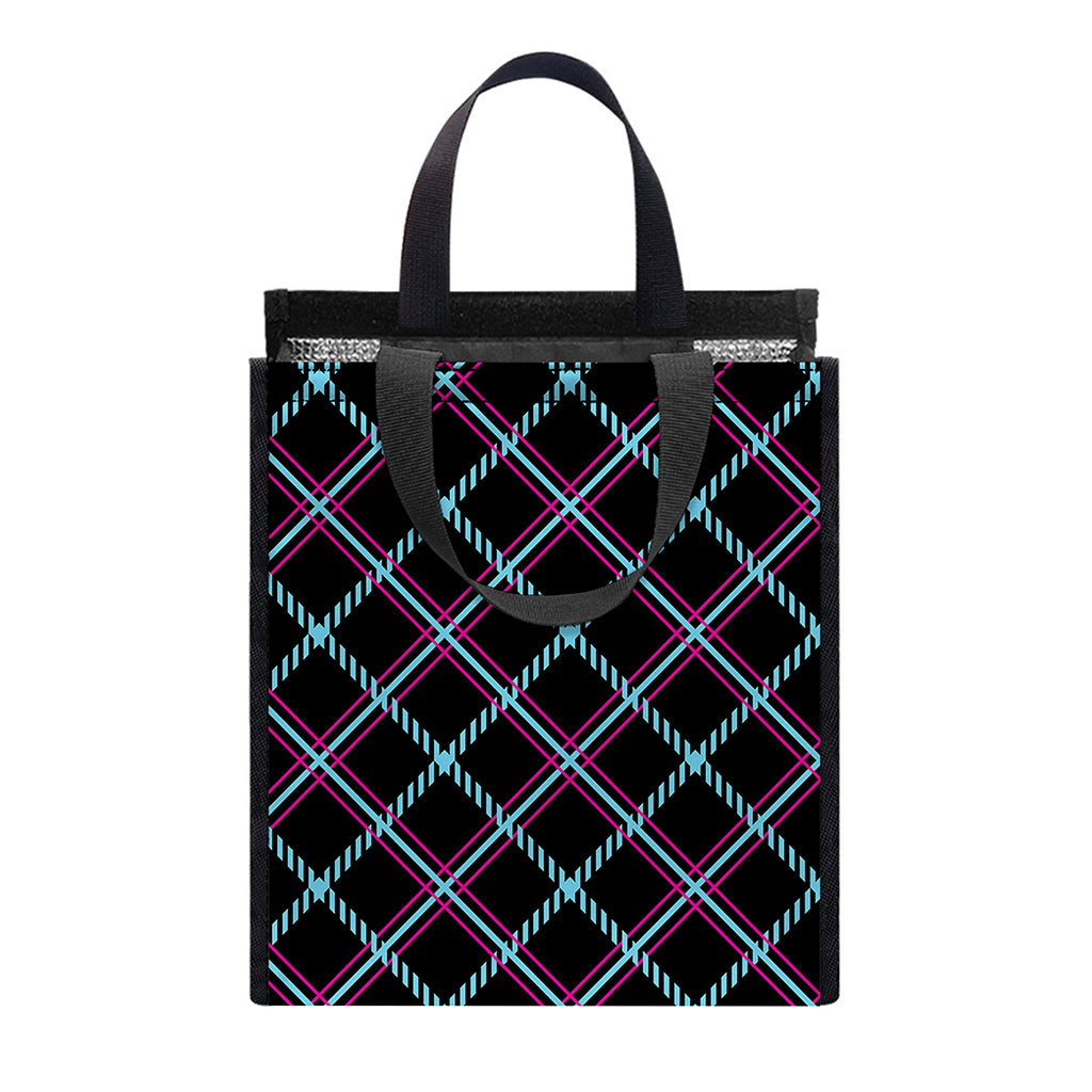 Black Blue And Pink Tartan Pattern Print Insulated Lunch Tote