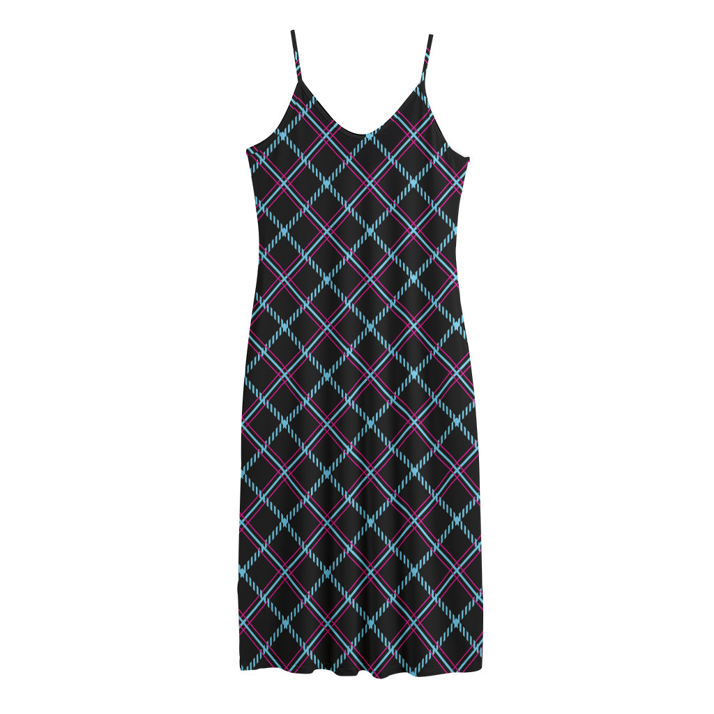 Black Blue And Pink Tartan Pattern Print Jersey Midi Cami Dress