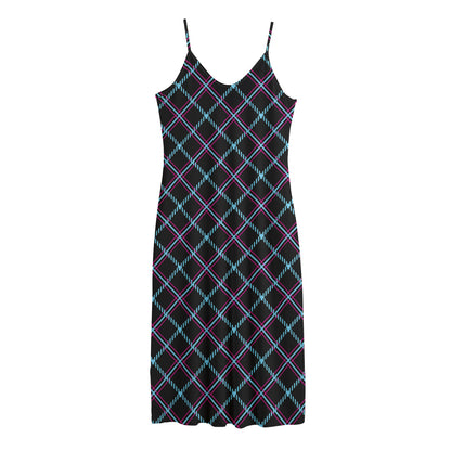 Black Blue And Pink Tartan Pattern Print Jersey Midi Cami Dress