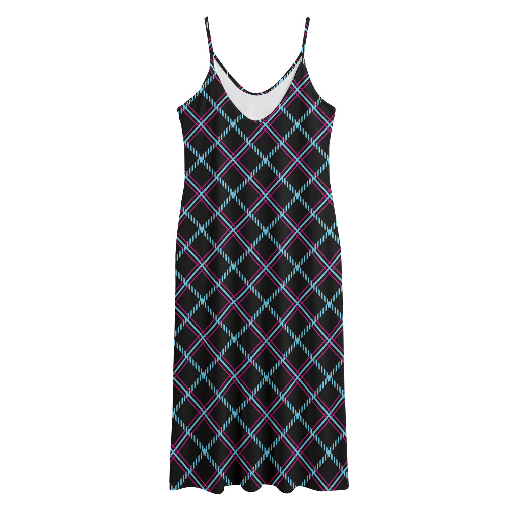 Black Blue And Pink Tartan Pattern Print Jersey Midi Cami Dress