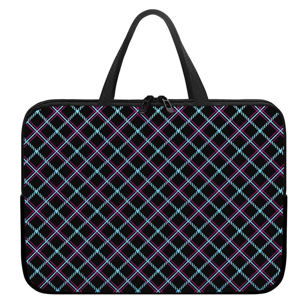 Black Blue And Pink Tartan Pattern Print Laptop Sleeve With Handle