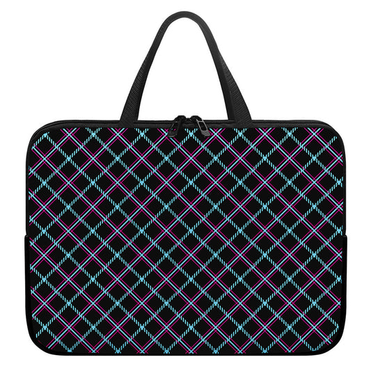 Black Blue And Pink Tartan Pattern Print Laptop Sleeve With Handle
