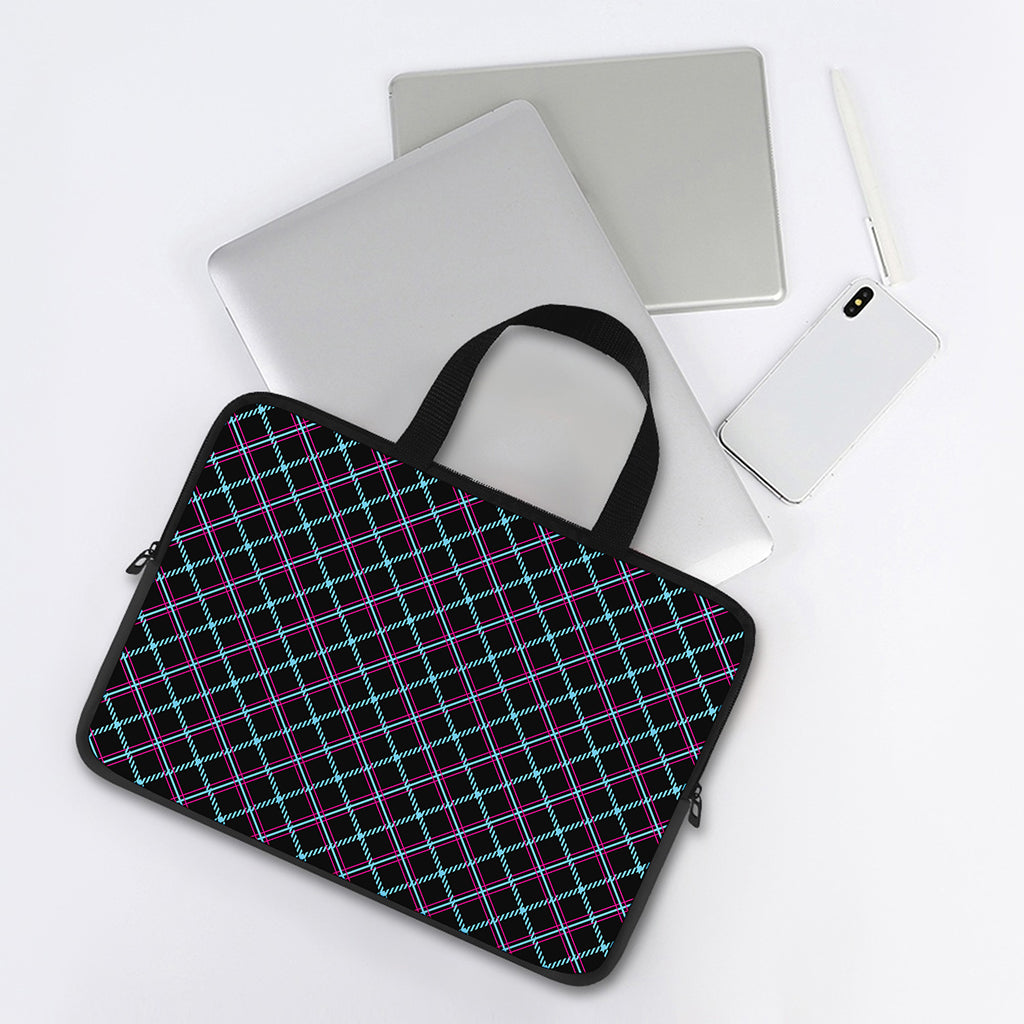 Black Blue And Pink Tartan Pattern Print Laptop Sleeve With Handle