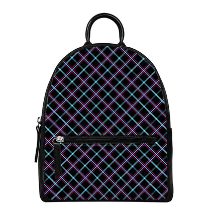 Black Blue And Pink Tartan Pattern Print Leather Backpack