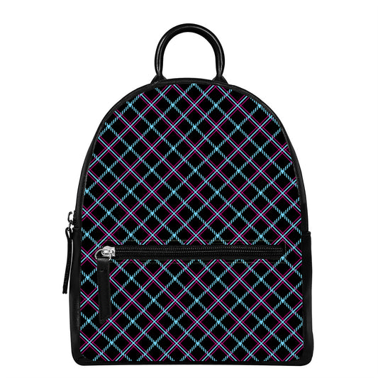 Black Blue And Pink Tartan Pattern Print Leather Backpack