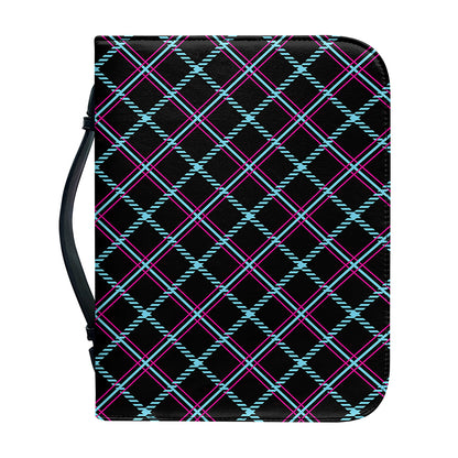 Black Blue And Pink Tartan Pattern Print Leather Bible Cover