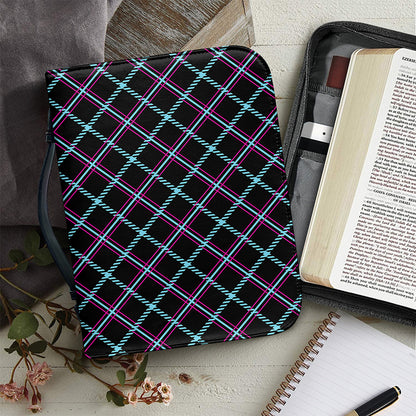 Black Blue And Pink Tartan Pattern Print Leather Bible Cover