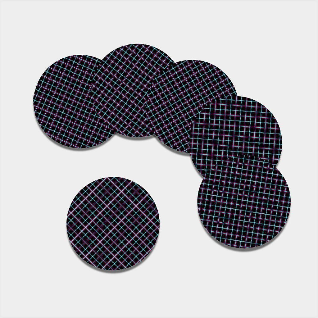Black Blue And Pink Tartan Pattern Print Leather Coaster Set