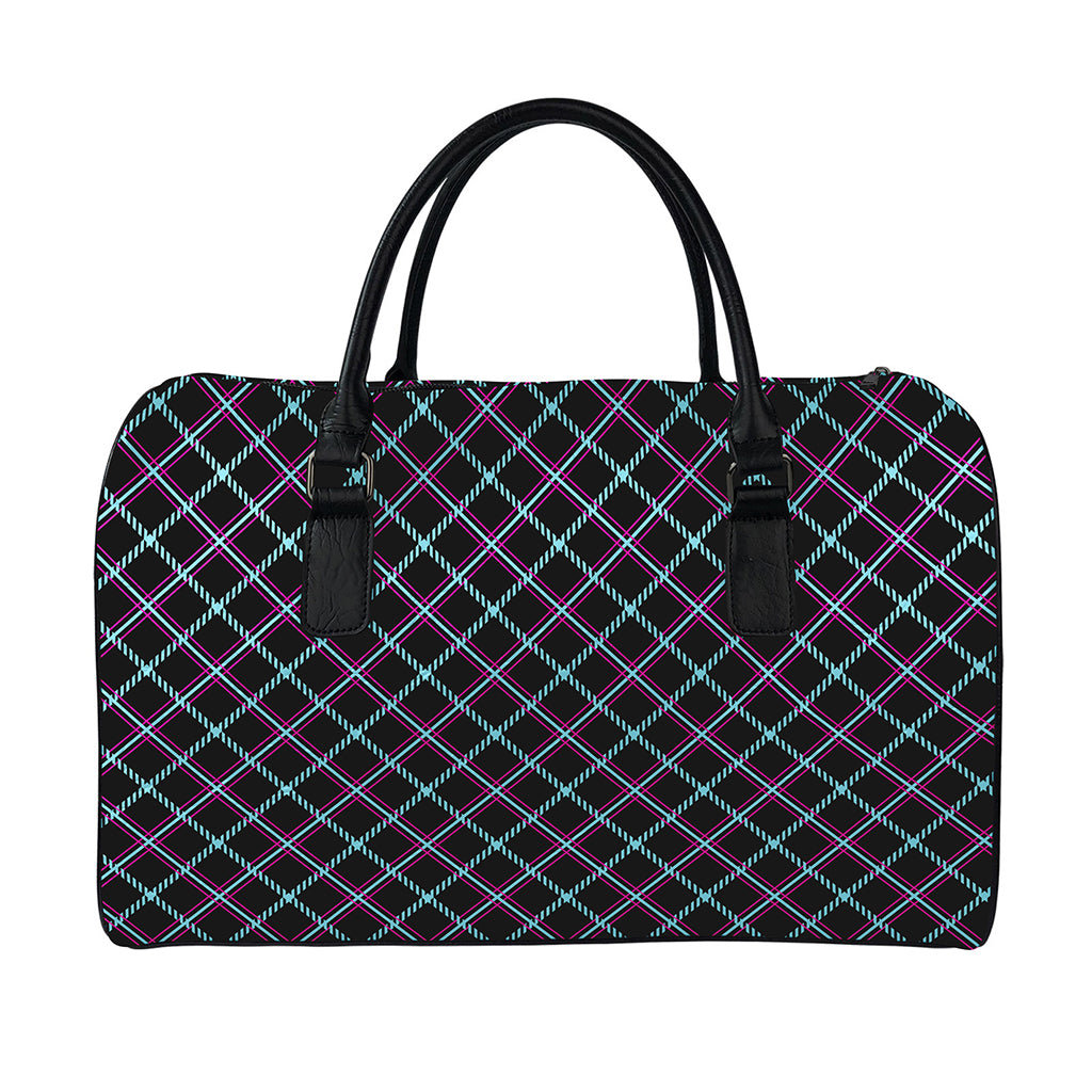 Black Blue And Pink Tartan Pattern Print Leather Duffle Bag