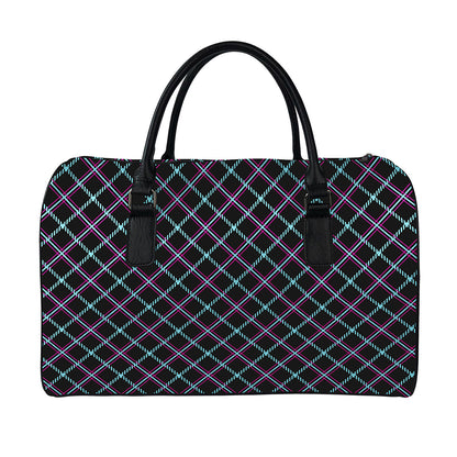 Black Blue And Pink Tartan Pattern Print Leather Duffle Bag