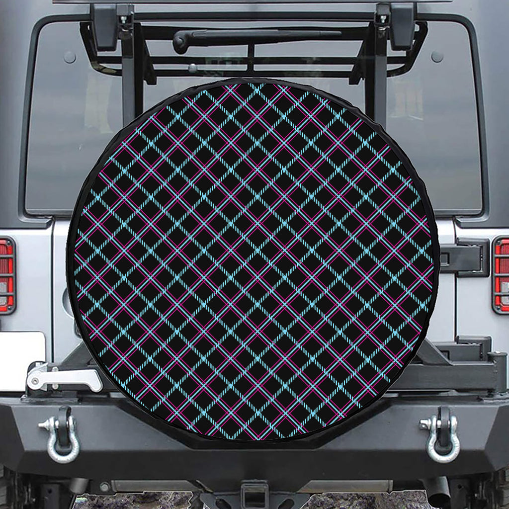 Black Blue And Pink Tartan Pattern Print Leather Spare Tire Cover