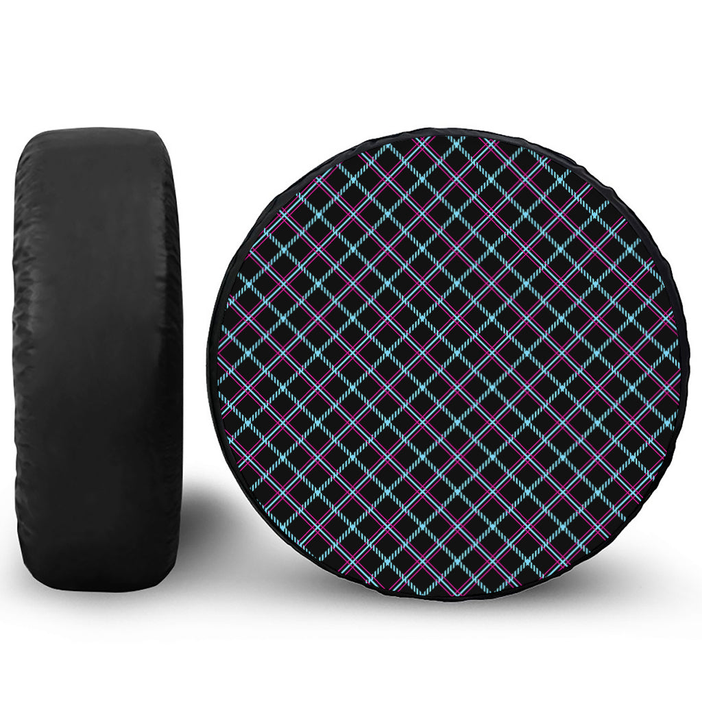 Black Blue And Pink Tartan Pattern Print Leather Spare Tire Cover