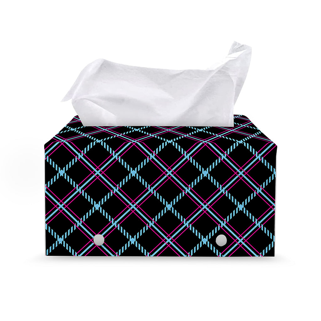 Black Blue And Pink Tartan Pattern Print Leather Tissue Box Cover
