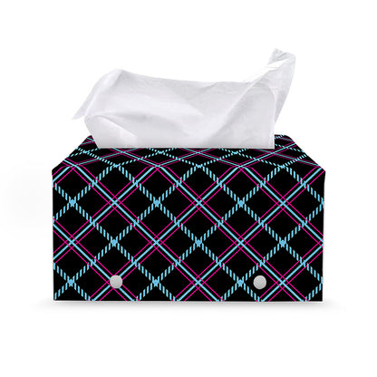 Black Blue And Pink Tartan Pattern Print Leather Tissue Box Cover