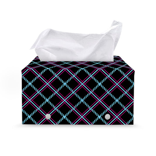 Black Blue And Pink Tartan Pattern Print Leather Tissue Box Cover