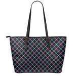 Black Blue And Pink Tartan Pattern Print Leather Tote Bag