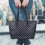 Black Blue And Pink Tartan Pattern Print Leather Tote Bag