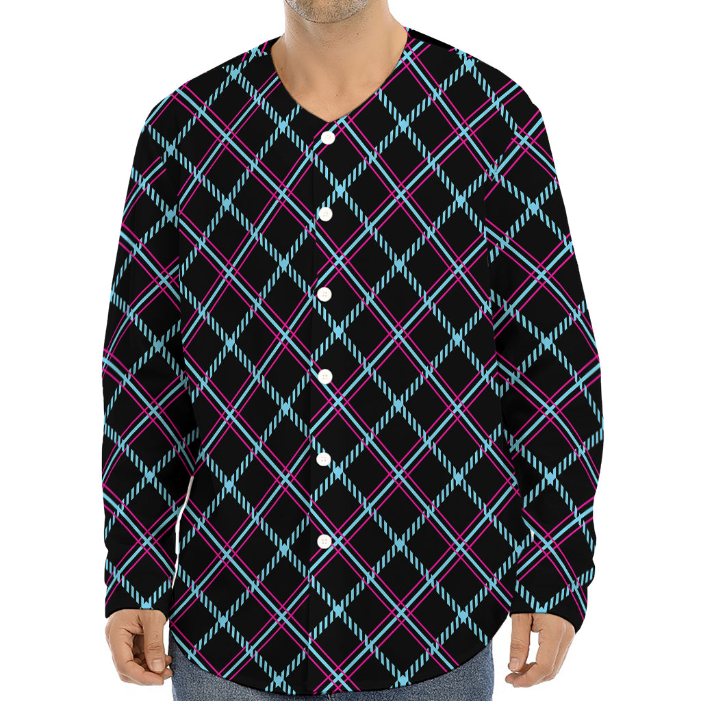 Black Blue And Pink Tartan Pattern Print Long Sleeve Baseball Jersey