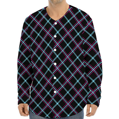 Black Blue And Pink Tartan Pattern Print Long Sleeve Baseball Jersey