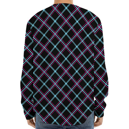 Black Blue And Pink Tartan Pattern Print Long Sleeve Baseball Jersey