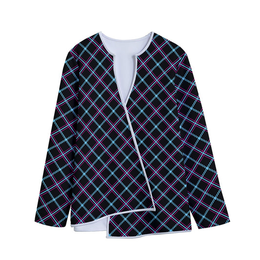 Black Blue And Pink Tartan Pattern Print Long Sleeve Short Coat