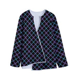 Black Blue And Pink Tartan Pattern Print Long Sleeve Short Coat