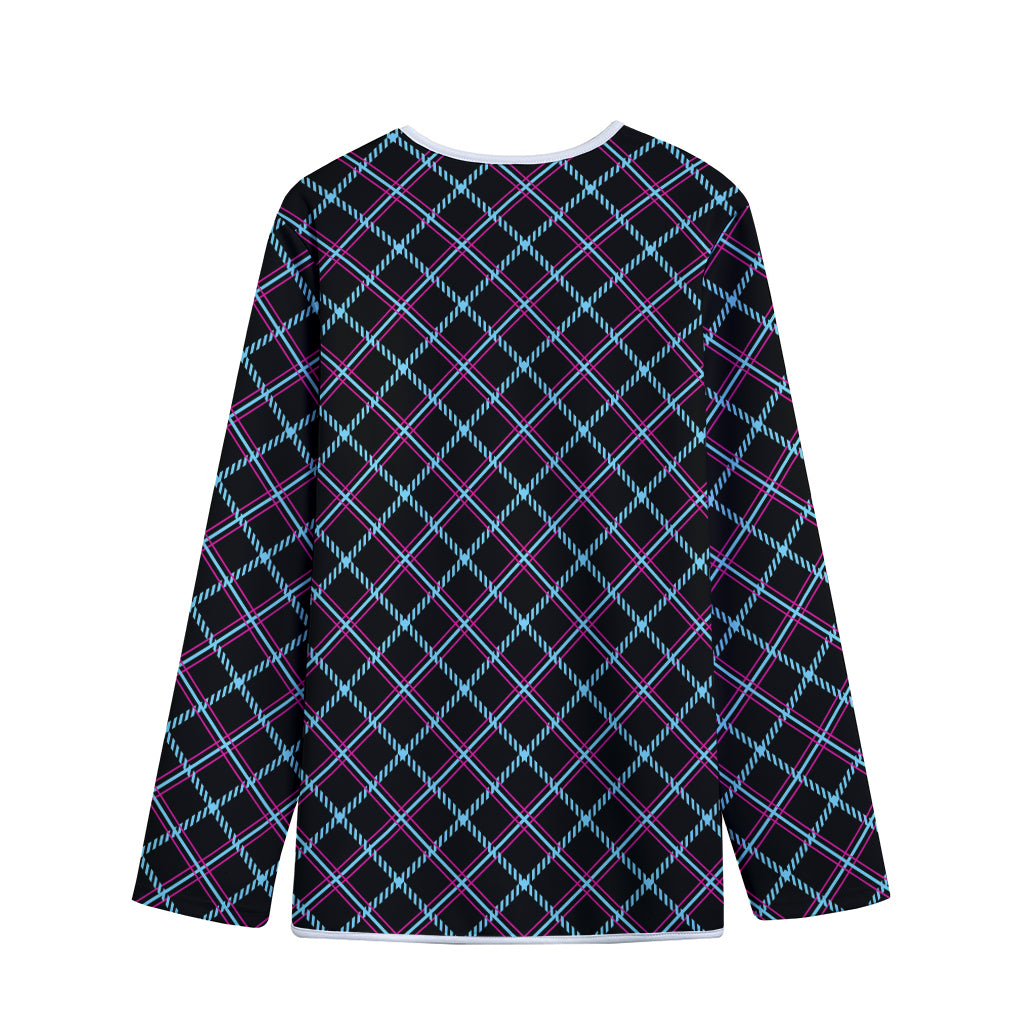 Black Blue And Pink Tartan Pattern Print Long Sleeve Short Coat