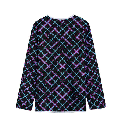 Black Blue And Pink Tartan Pattern Print Long Sleeve Short Coat