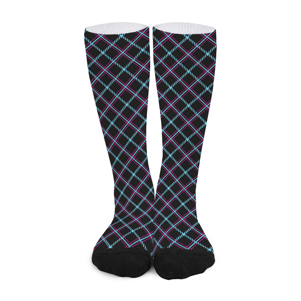 Black Blue And Pink Tartan Pattern Print Long Socks