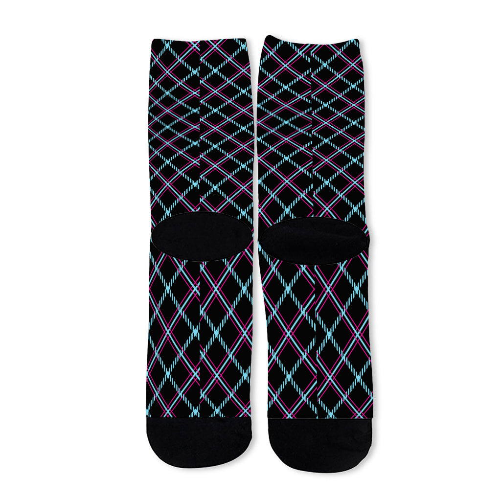 Black Blue And Pink Tartan Pattern Print Long Socks