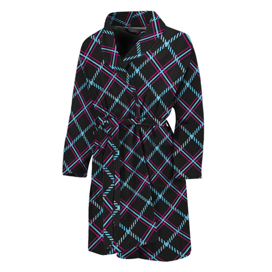 Black Blue And Pink Tartan Pattern Print Men's Bathrobe