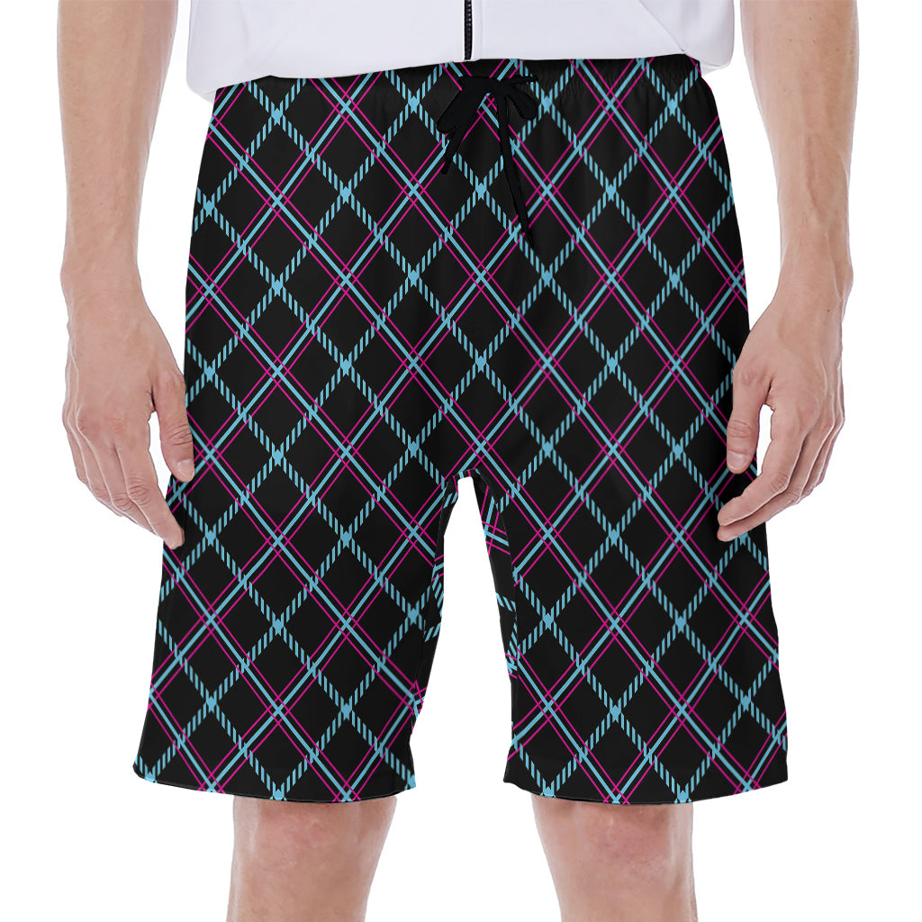 Black Blue And Pink Tartan Pattern Print Men's Beach Shorts