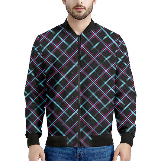 Black Blue And Pink Tartan Pattern Print Men's Bomber Jacket