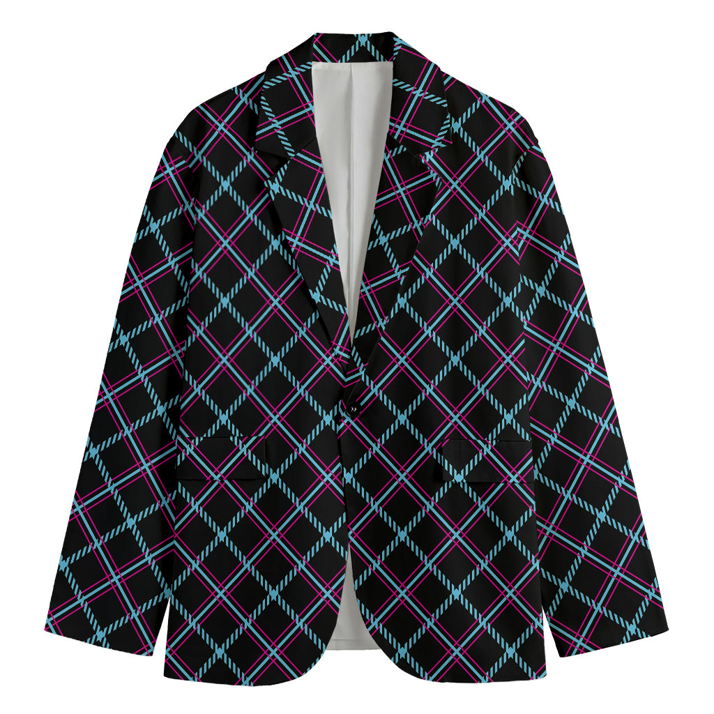 Black Blue And Pink Tartan Pattern Print Men's Cotton Blazer