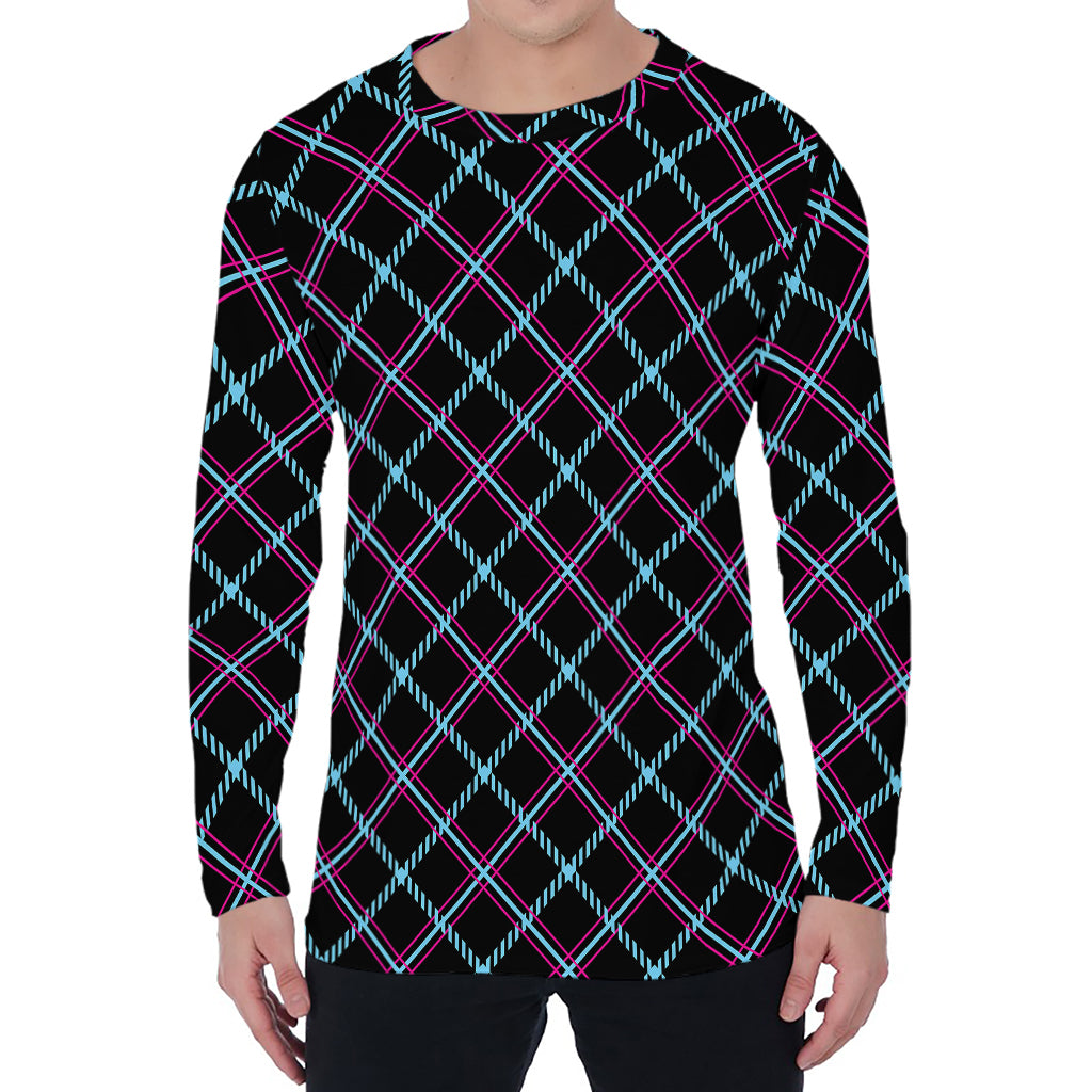 Black Blue And Pink Tartan Pattern Print Men's Long Sleeve T-Shirt